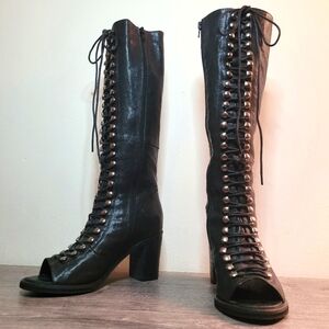 Jeffrey Campbell + LF brand quality sz 7 leather knee high open toe heel boots